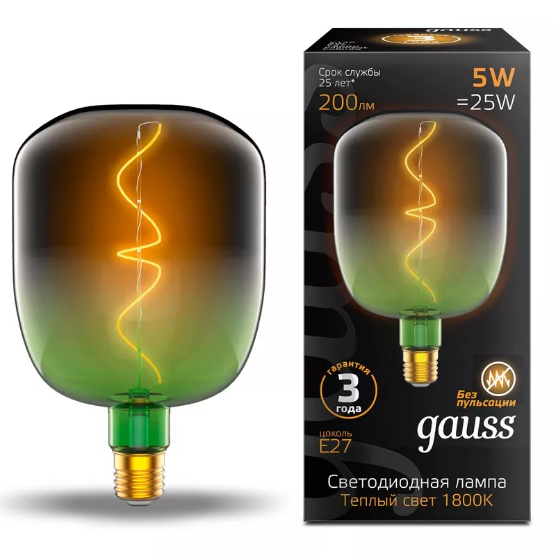 Лампа Gauss Filament V140 5W 200lm 1800К Е27 green-clear flexible LED 1/6