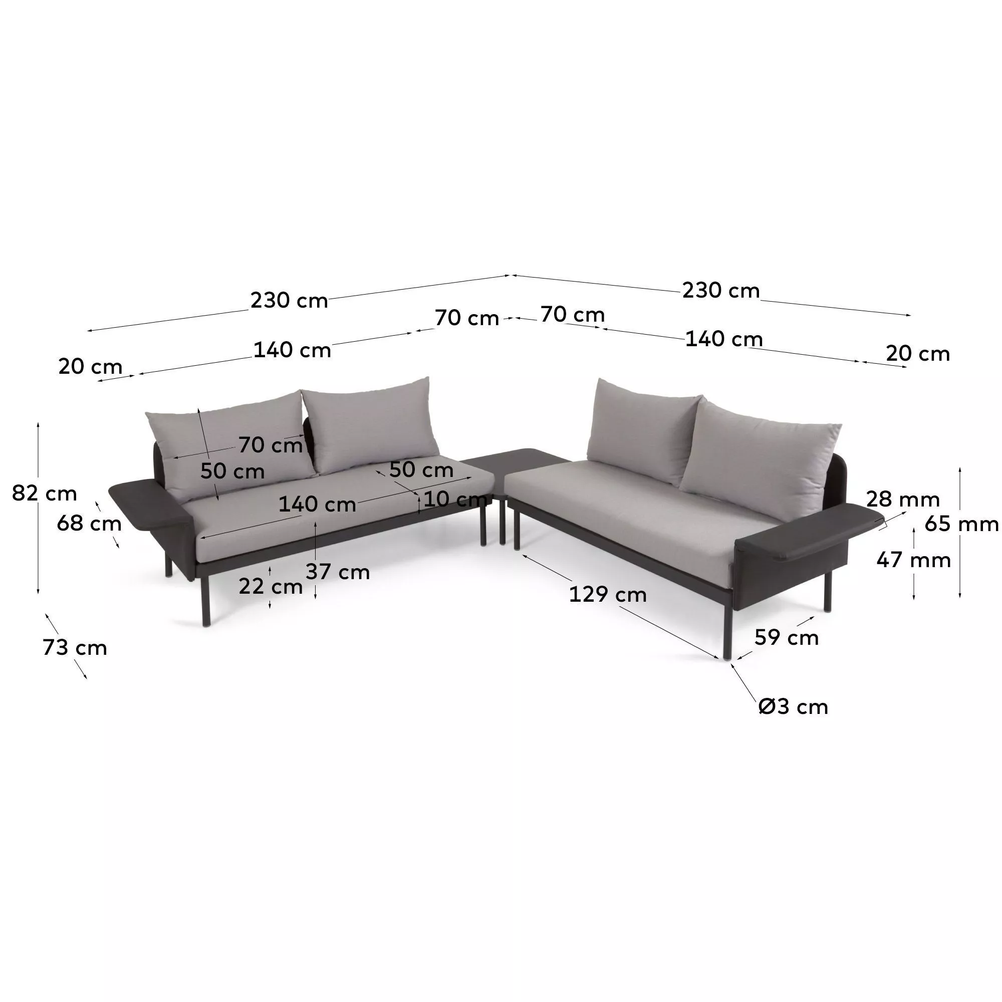 Угловой алюминиевый диван La Forma Zaltana с черной матовой отделкой 164 см