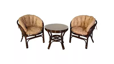 Комплект мебели из ротанга Багама дуэт с круглым столом коричневый (подушки шенилл полные светлые)